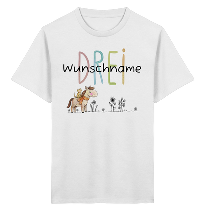 Kinder Geburtstagsshirt "Pferd & Katze" – Personalisiert mit Name & Zahl