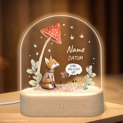 Aufgedruckter Name und Wunschdatum auf der Acrylglasscheibe mit Waldtier-Motiv