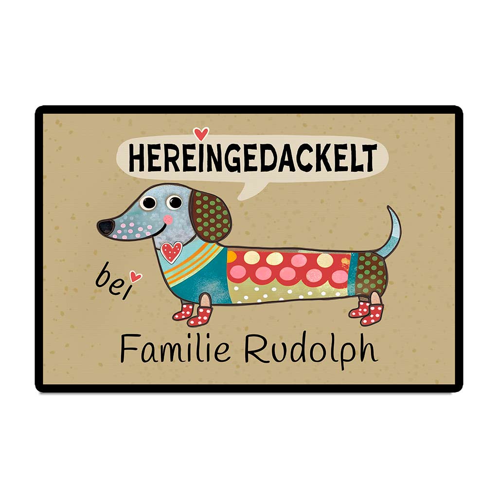 Die "Hereingedackelt" personalisierte Dackel Fußmatte