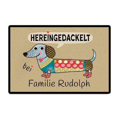 Die "Hereingedackelt" personalisierte Dackel Fußmatte