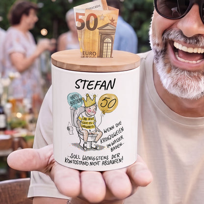 Personalisierte Keramik-Spardose mit Holzdeckel und Name Stefan, Geldgeschenk zum 50. Geburtstag