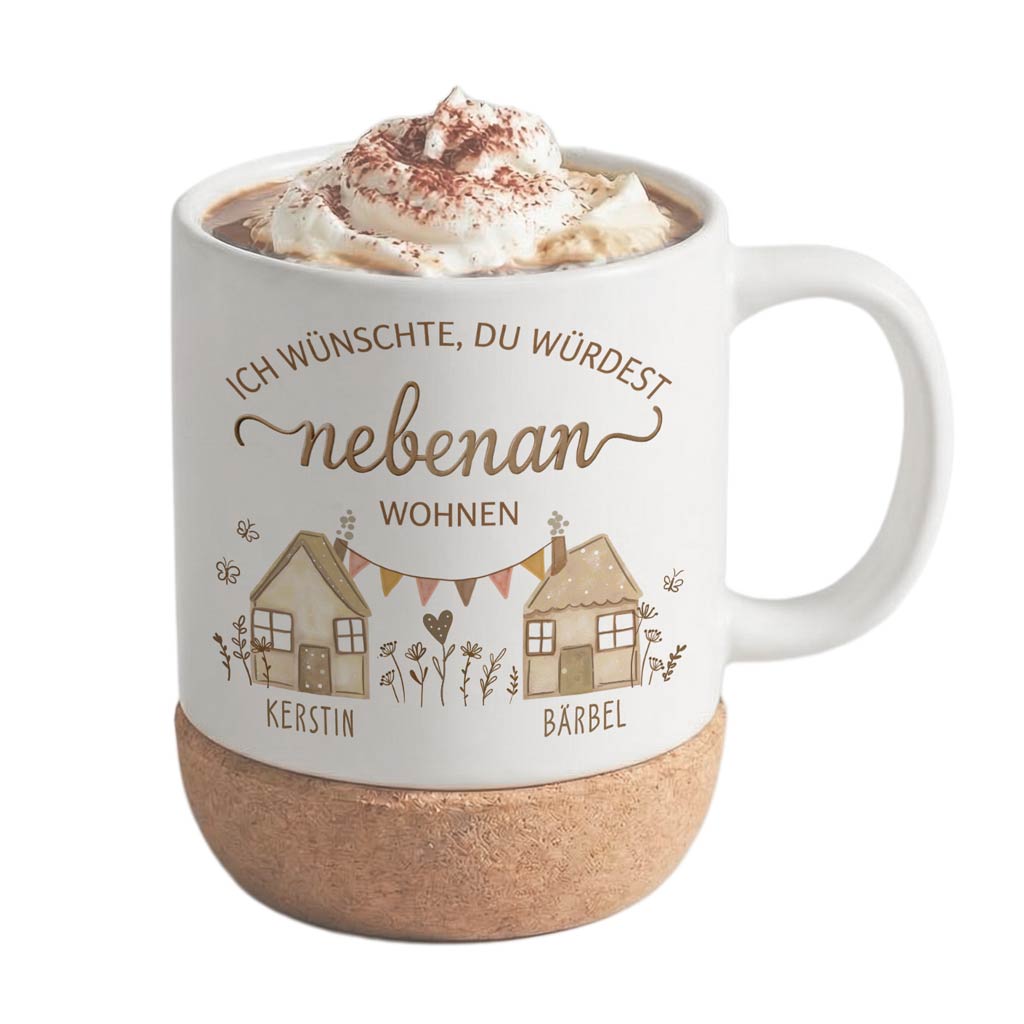 Keramiktasse mit Korkboden und Deckel als Geschenk für Freundin die wegzieht.