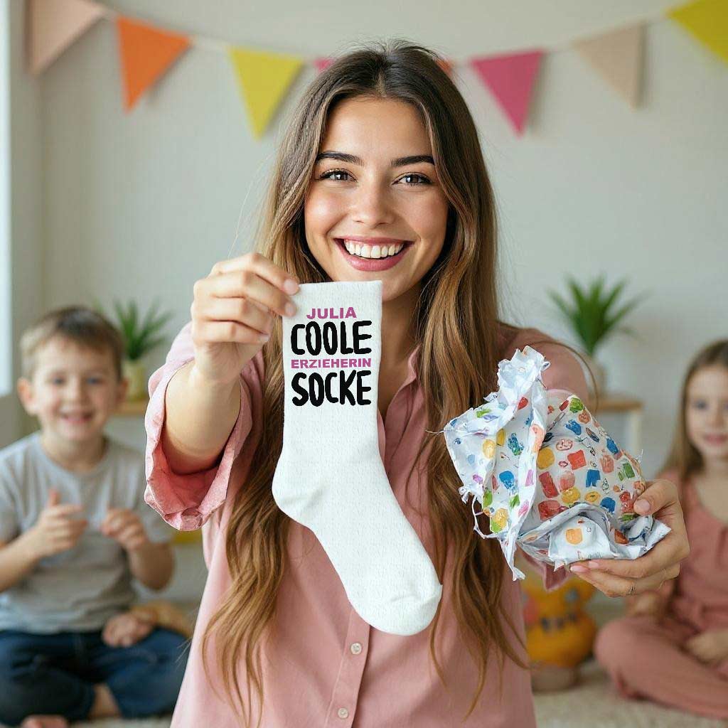 Nahaufnahme von Socken mit dem Aufdruck 'COOLE Erzieherin SOCKE' als Geschenk für eine Erzieherin