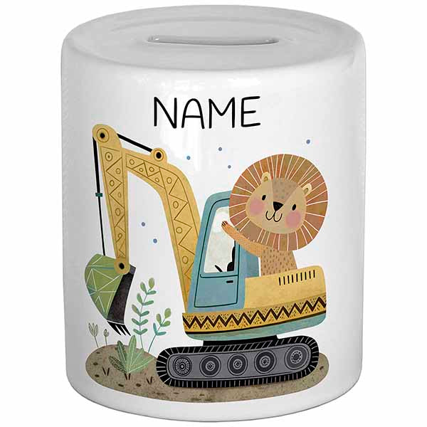 Geschenk zu Weihnachten, Nikolaus oder zur Geburt: Eine Keramik-Spardose mit einem Löwen, der ein Bagger fährt