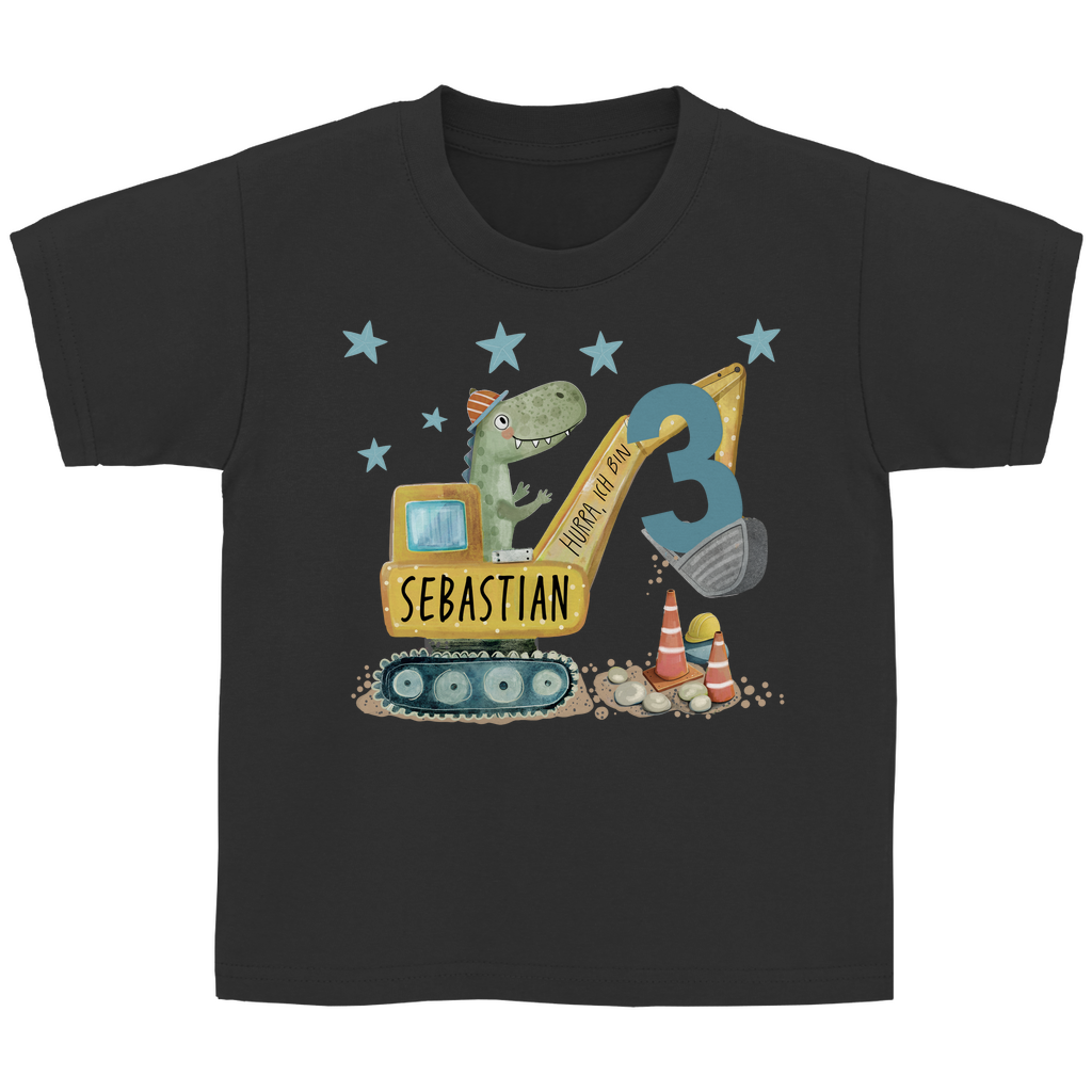 Nahaufnahme des handgezeichneten Dino-Bagger-Drucks auf einem Baumwoll-T-Shirt
