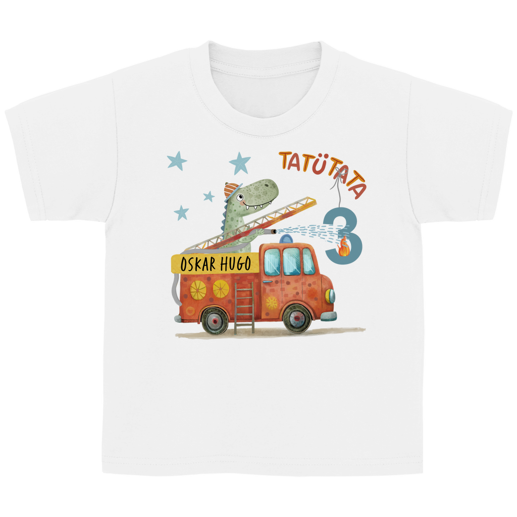 Nahaufnahme des handgezeichneten T-Rex-Feuerwehrmanns auf einem weissen Baumwoll-T-Shirt.
