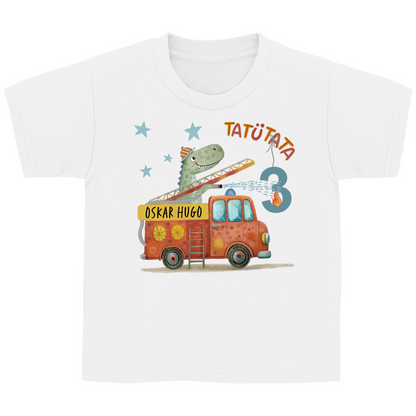 Nahaufnahme des handgezeichneten T-Rex-Feuerwehrmanns auf einem weissen Baumwoll-T-Shirt.