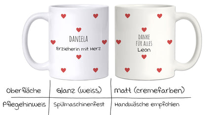 Übersicht der matten sowie hochglänzenden Oberfläche der personalisierten Tasse zum Kindergarten Abschied.