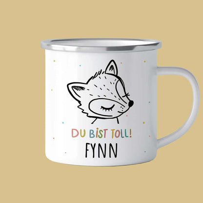 Emaille-Becher mit Fuchs als Geschenk zur Einschulung, Weihnachten, Geburtstag, Kitastart