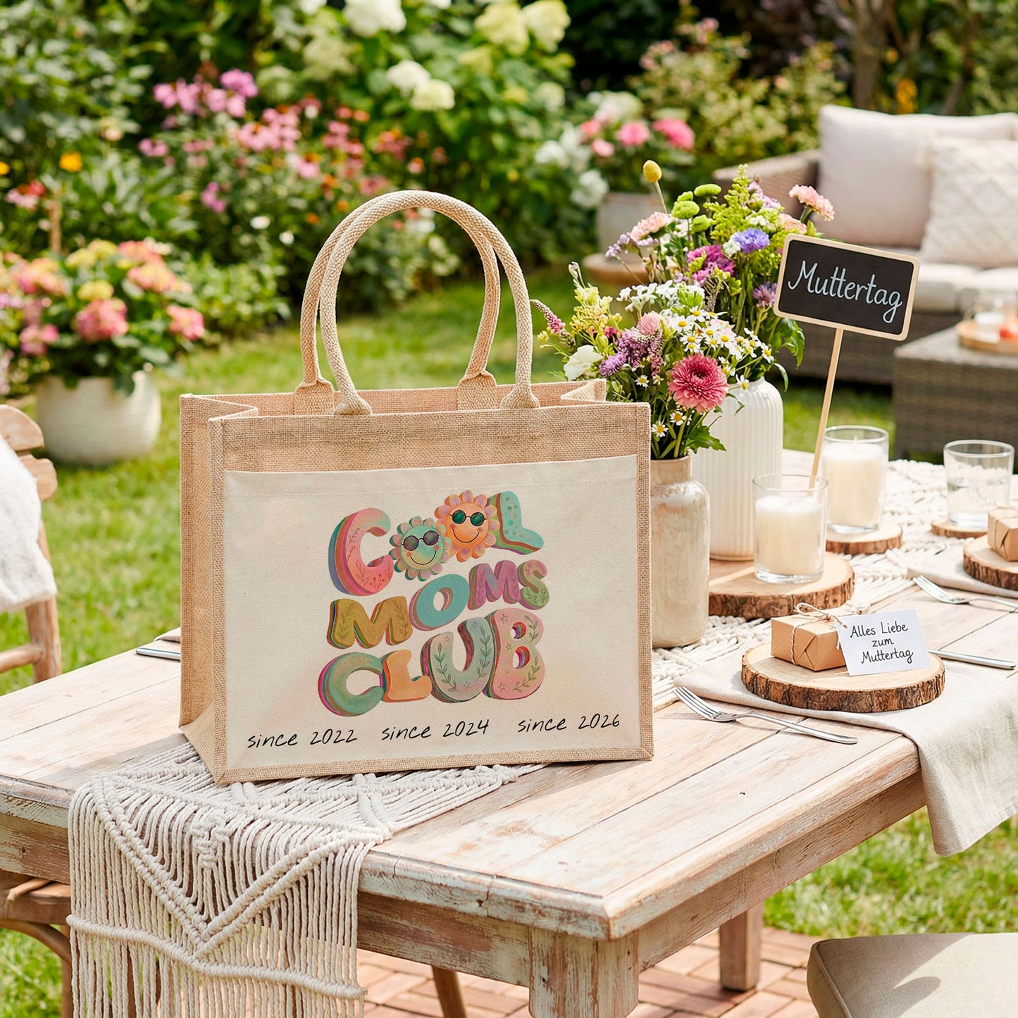 Die nachhaltige Jute Tasche als Geschenkkorb Alternative zum Muttertag oder Geburtstag, sie könnte mit Blumen und Wein gefüllt werden für ein personalisiertes Geschenk.