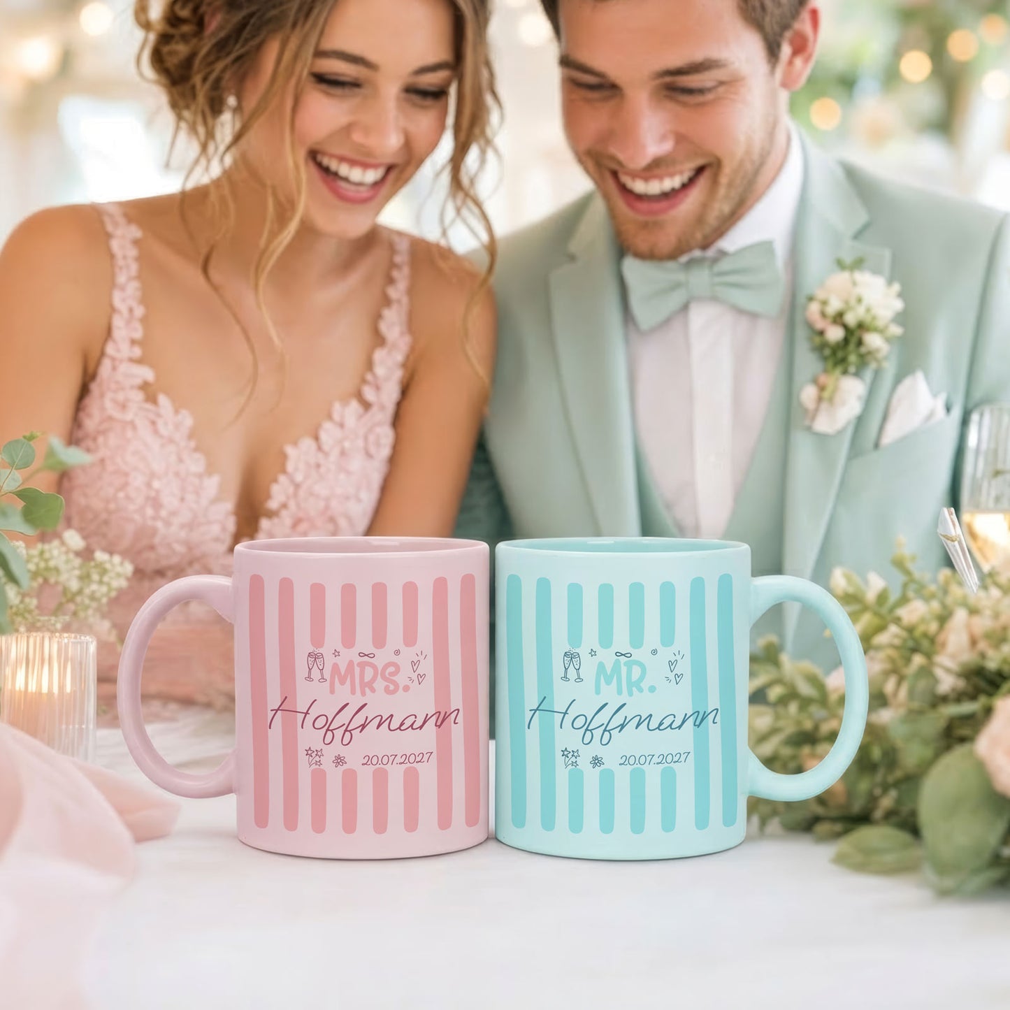 Personalisiertes Mr & Mrs Tassenset mit Nachnamen und Hochzeitsdatum