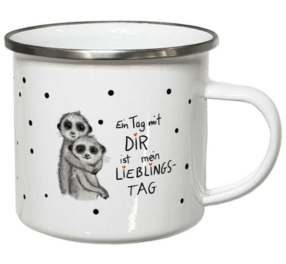 Emaille Becher Geschenkartikel Erdmännchen Tasse mit Sprüchen Spruch Geschenk Emailletasse Campingbecher