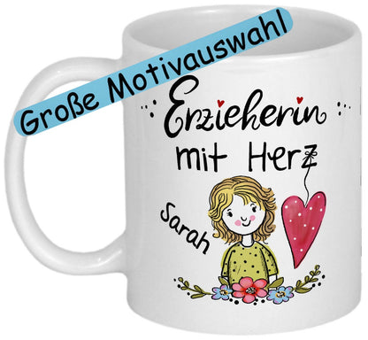 Abschiedsgeschenk Erzieherin Geschenk PERSONALISIERT Tasse mit Namen und MOTIVAUSWAHL Dankeschön Abschied Kindergarten Kita