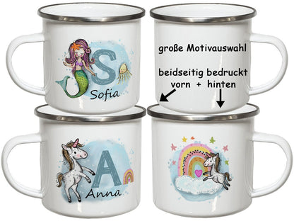 Emaille Kindertasse mit Namen Emaillebecher Kindergeschirr Kinder Geschenke Geburtstag Weihnachtsgeschenk Mädchen Kindergartentasse Einhorn