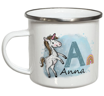 Emaille Kindertasse mit Namen Emaillebecher Kindergeschirr Kinder Geschenke Geburtstag Weihnachtsgeschenk Mädchen Kindergartentasse Einhorn