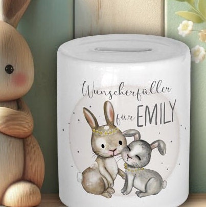 personalisierte Spardose mit Namen Wunscherfüller Hase Geldgeschenk Kinderspardose Geschenk zur Taufe Sparbüchse Geburt Geburtstag