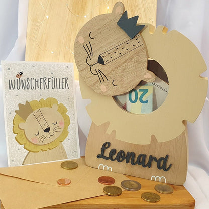 Personalisierte Spardose Holz + Wunscherfüller Karte Geldgeschenk Geburt Taufe Baby Geburtstag Weihnachten Löwe Kinderspardose Spardose Kind