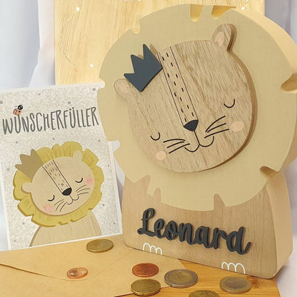 Personalisierte Spardose Holz + Wunscherfüller Karte Geldgeschenk Geburt Taufe Baby Geburtstag Weihnachten Löwe Kinderspardose Spardose Kind