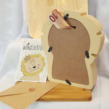 Personalisierte Spardose Holz + Wunscherfüller Karte Geldgeschenk Geburt Taufe Baby Geburtstag Weihnachten Löwe Kinderspardose Spardose Kind