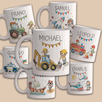 Tasse Kinder Geschenk Feuerwehr Bagger Traktor Pirat Polizei