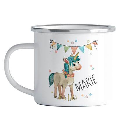 Emaille Tasse Personalisiert - Kindertasse Reh, Dino, Einhorn - als Geburtstagsgeschenk, Weihnachtstasse, Kita, Kindergarten Kinder Geschenk