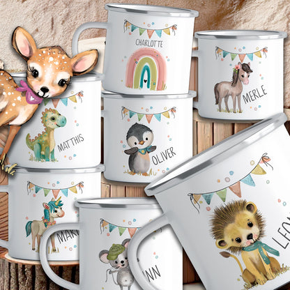 Emaille Tasse Personalisiert - Kindertasse Reh, Dino, Einhorn - als Geburtstagsgeschenk, Weihnachtstasse, Kita, Kindergarten Kinder Geschenk