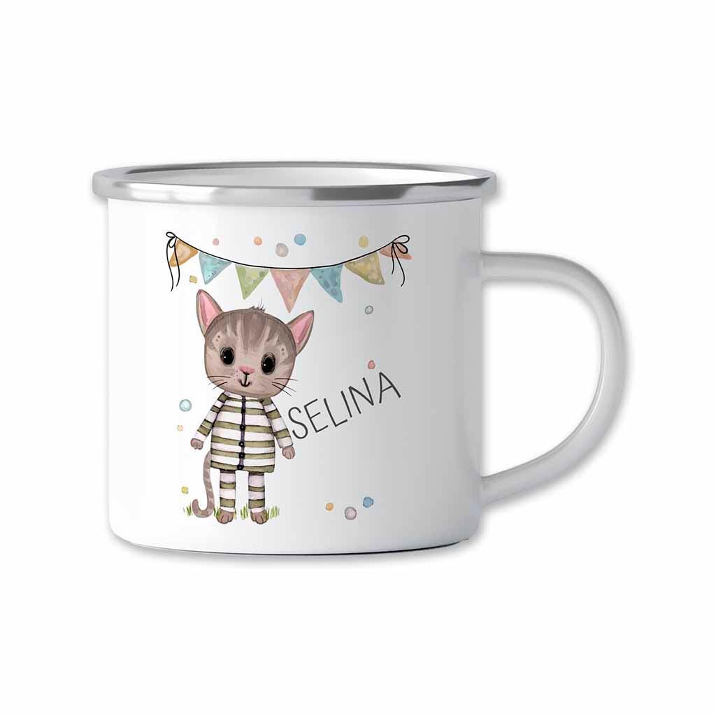 Emaille Tasse mit Namen personalisiert – Kindertassen u. Emaillebecher zum Geburtstag, Weihnachtsgeschenke Geschenk, Einhorn, Katze, Hund
