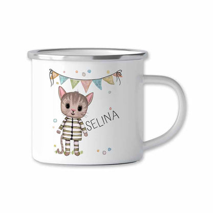 Emaille Tasse mit Namen personalisiert – Kindertassen u. Emaillebecher zum Geburtstag, Weihnachtsgeschenke Geschenk, Einhorn, Katze, Hund