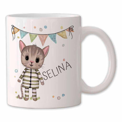 Kindertassen personalisiert - Tasse mit Namen, Geschenk zum Geburtstag, Kinder Weihnachtsgeschenke, Becher mit Katze, Einhorn & Hund Design