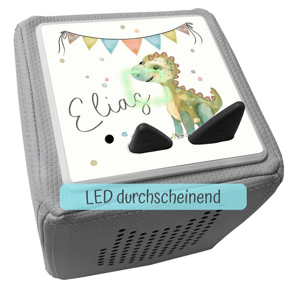 Personalisierte Toniebox Schutzfolie mit Namen, Kindergeschenke Idee, Tonies Schutz Folie Zubehör, WISCH- ABRIEBFEST, Dino mit Wimpeln