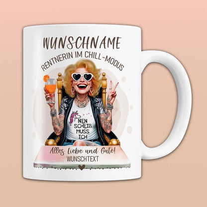 Rente Geschenk Frau, Tasse personalisiert - lustige Rentner Geschenkideen, Ruhestand, Abschied Kollegin Pensionierung Abschiedsgeschenk