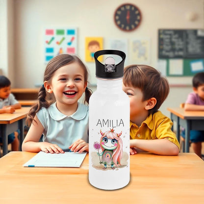 Edelstahl Trinkflasche mit Namen & Strohhalm, Kindertrinkflasche, Monster Kindergeschenke personalisiert, Kindergarten Flasche, Einschulung