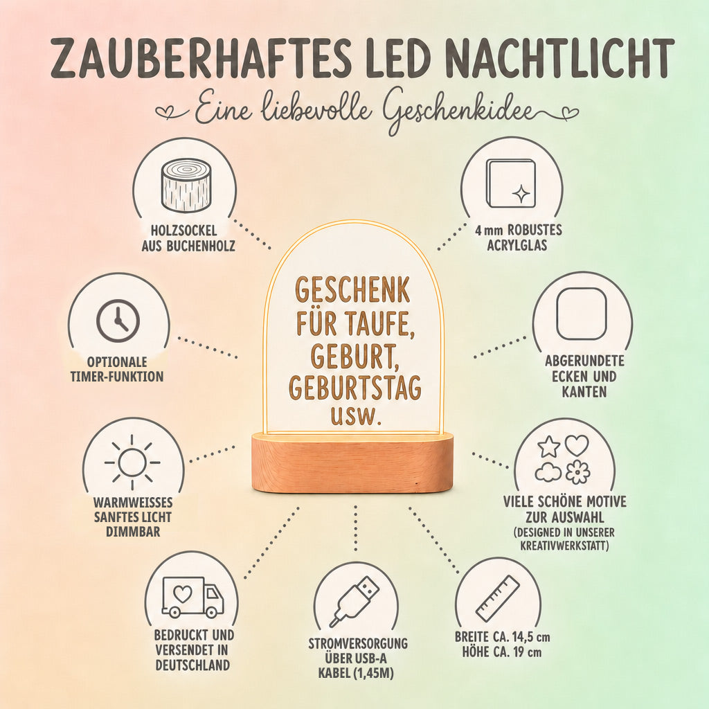 Personalisiertes Nachtlicht Waldtiere mit Namen und Datum