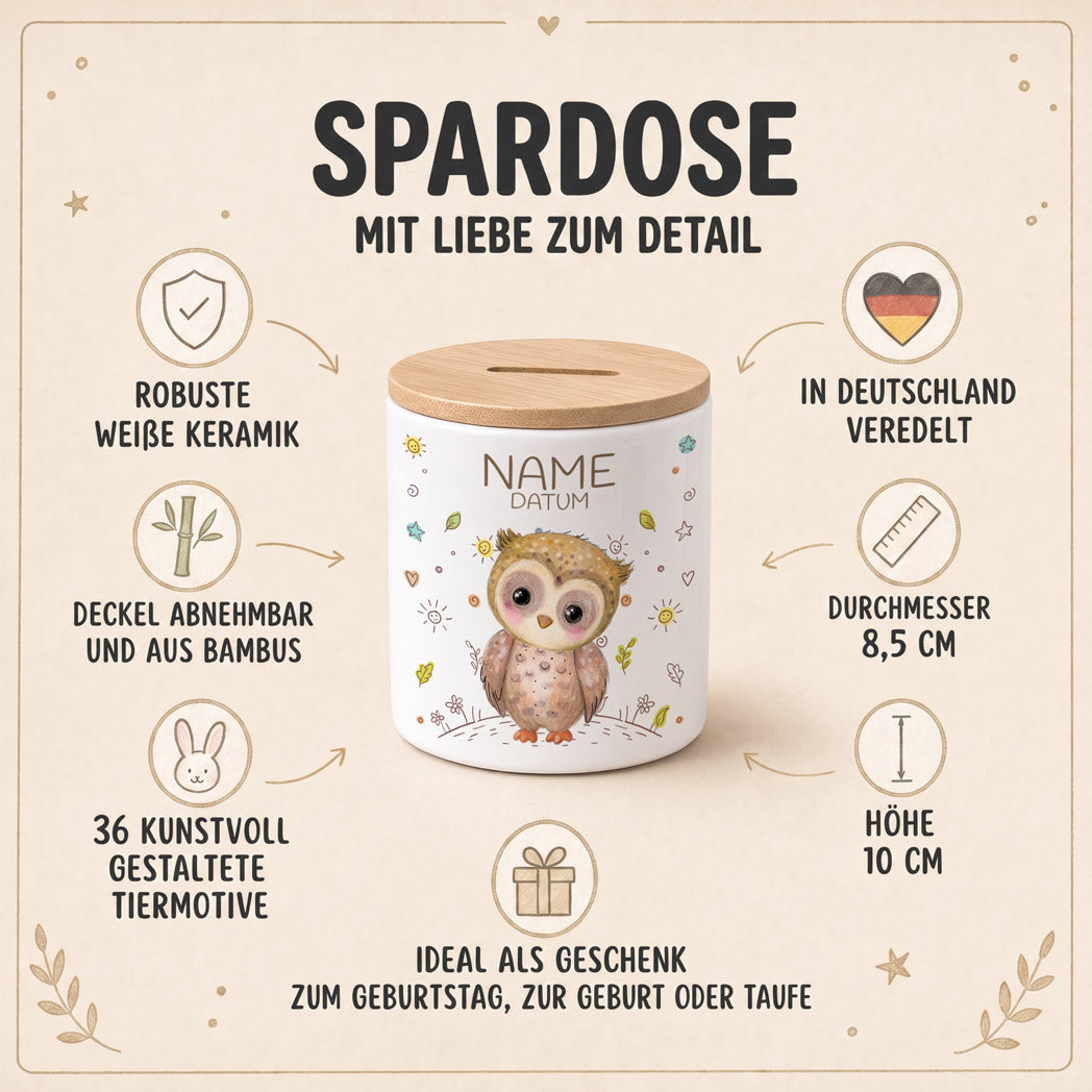 Personalisierte Spardose für Kinder mit Namen und Tiermotiv
