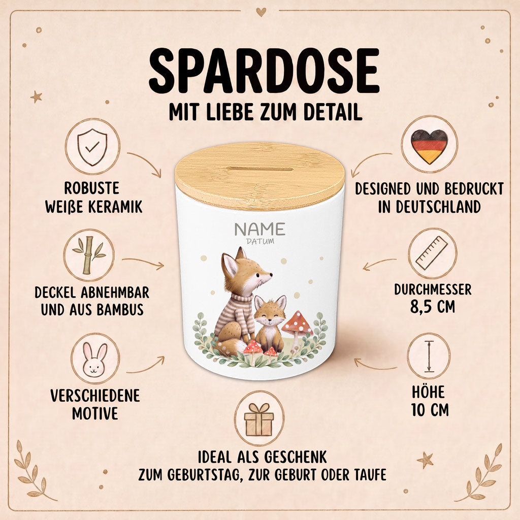Spardose personalisiert – Waldtiere mit Name und Wunschdatum