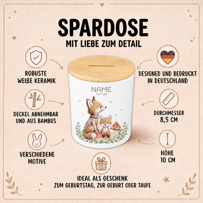 Spardose personalisiert – Waldtiere mit Name und Wunschdatum