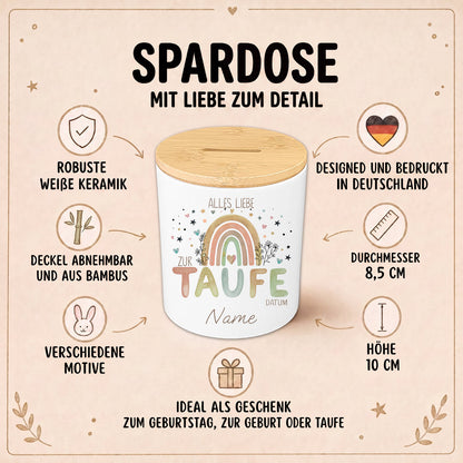 Personalisierte Spardose zur Taufe & Geburt – Keramik mit Bambusdeckel