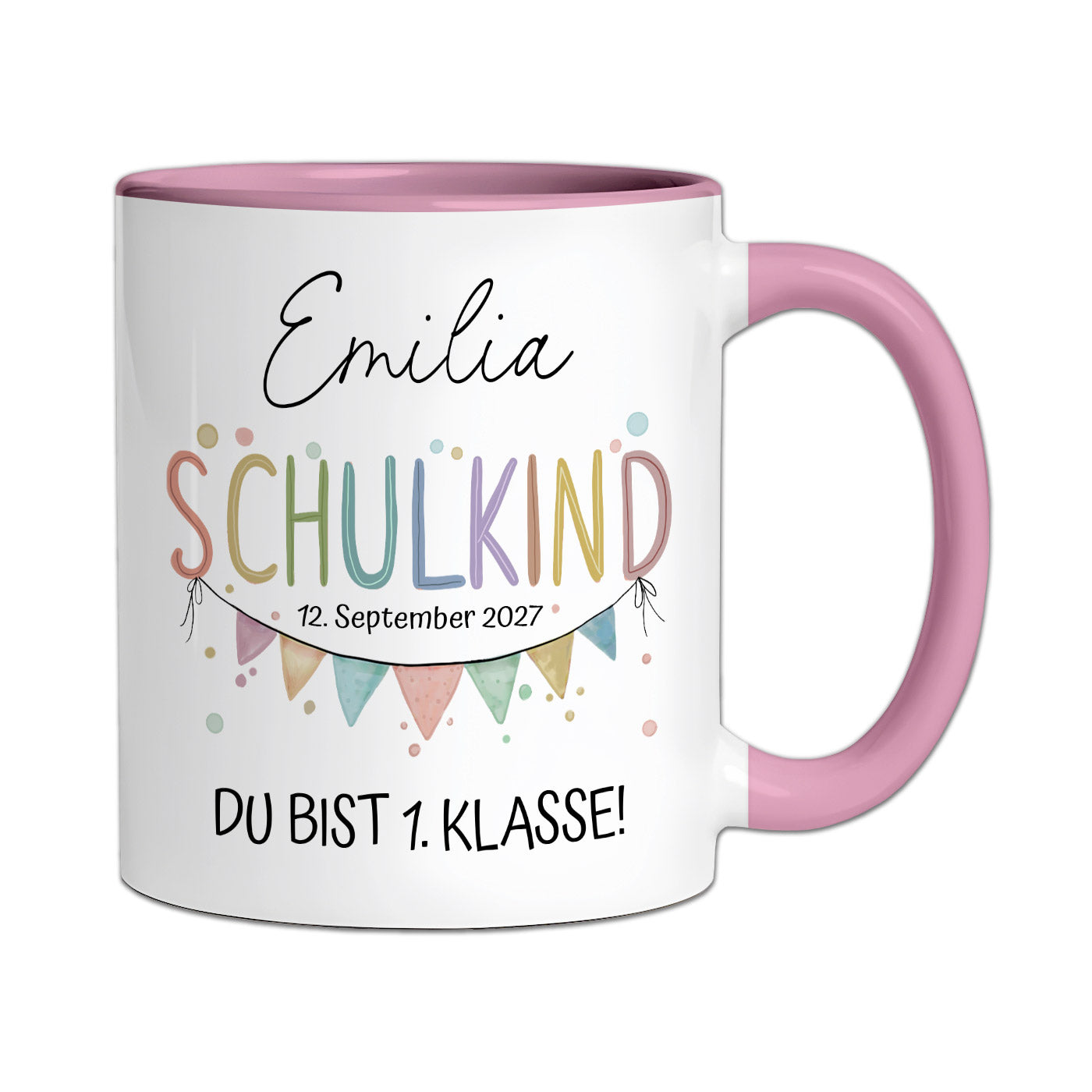 Detailansicht des hochwertigen Sublimationsdrucks mit dem Spruch Du bist 1. Klasse auf der spülmaschinenfesten Schulkind-Tasse.