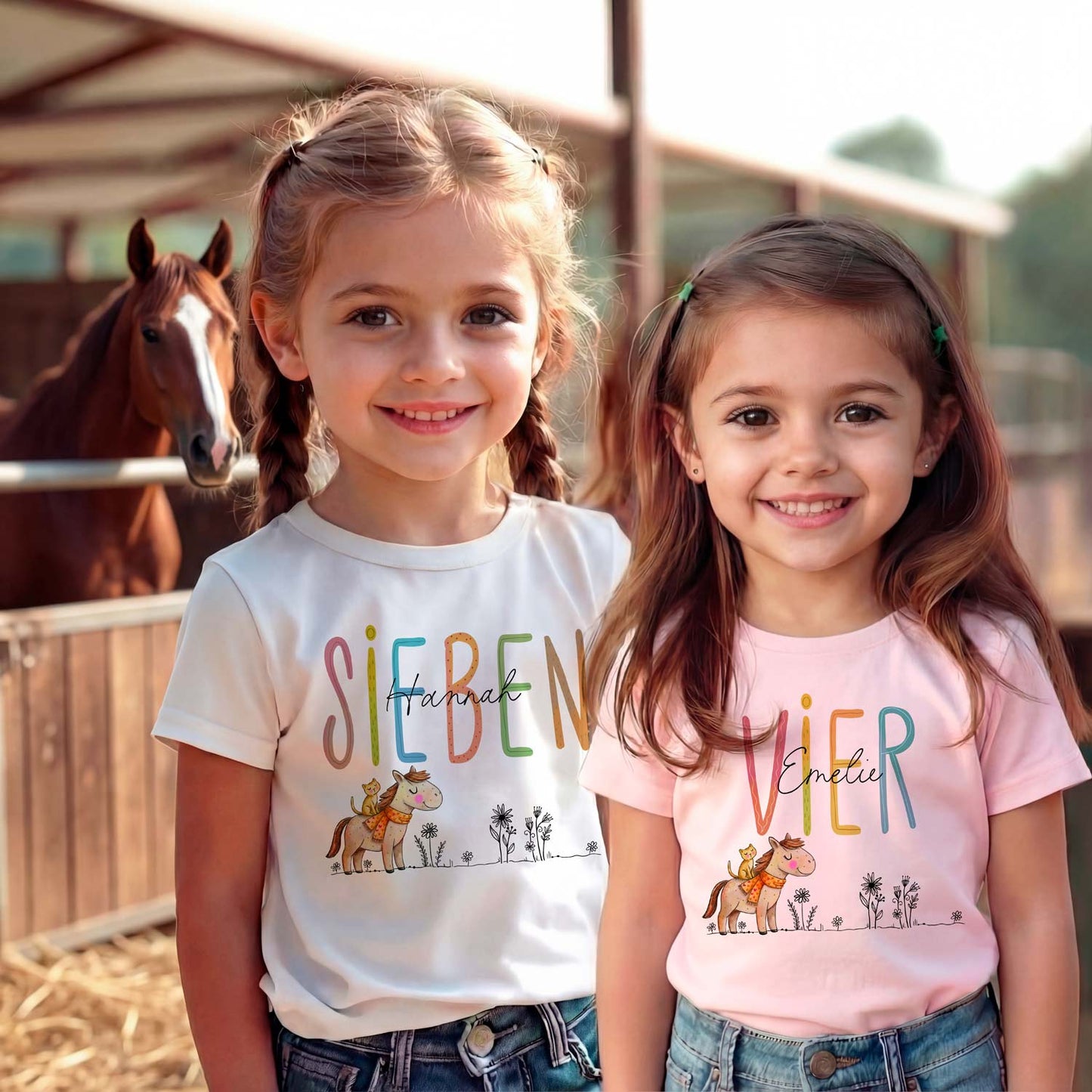Personalisierte Kinder T-Shirts aus Bio-Baumwolle mit Pferd-Katze-Motiv, Name und Zahl.