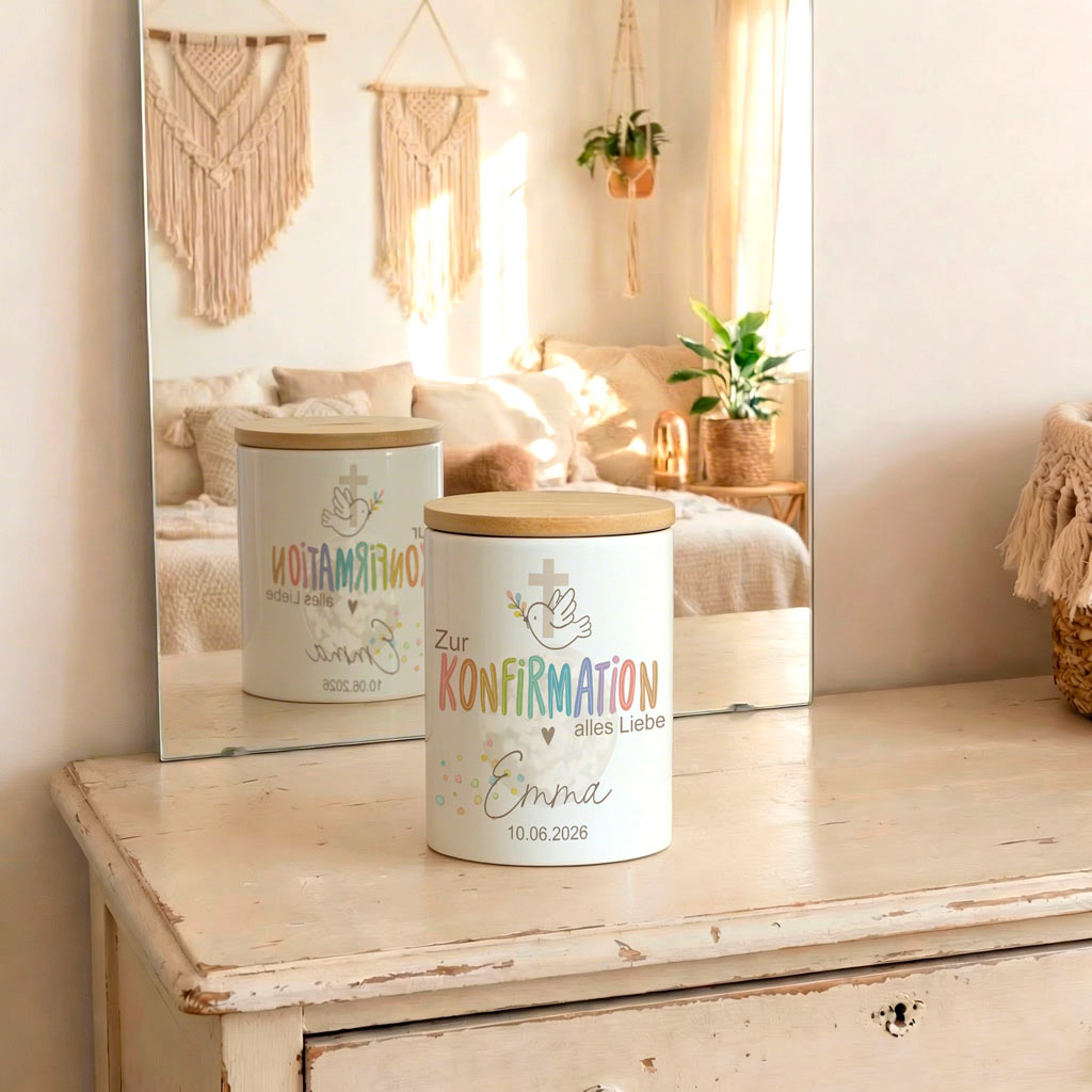 Personalisierbares Geldgeschenk zur Konfirmation mit minimalistischem Boho Motiv und Namensgravur.