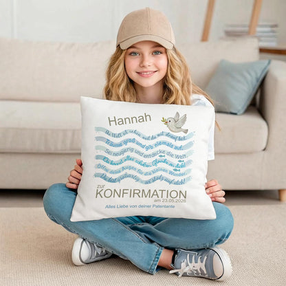 Personalisiertes Kissen zur Konfirmation, ideal als Geldgeschenk Idee für Jungen und Mädchen. An den Reißverschluss könnte man einen Geldumschlag anbinden.