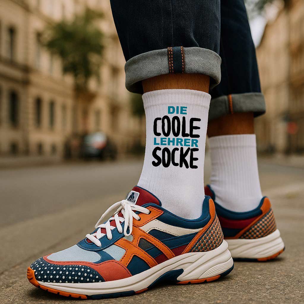 Ein Paar schwarze, lustige Socken mit weißem Spruch als Abschiedsgeschenk für Lehrer