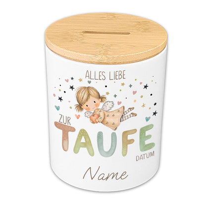 Personalisierte Spardose zur Taufe & Geburt – Keramik mit Bambusdeckel
