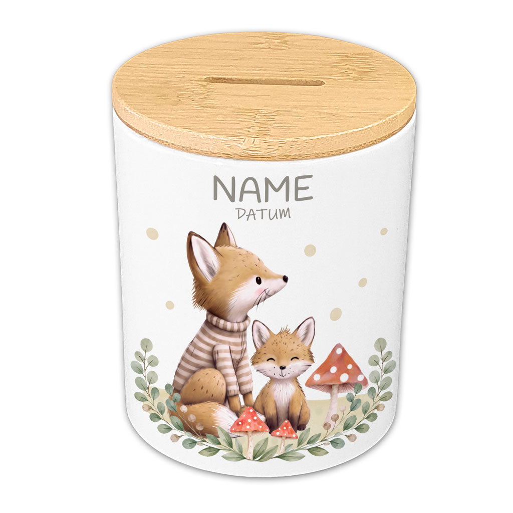 Spardose personalisiert – Waldtiere mit Name und Wunschdatum