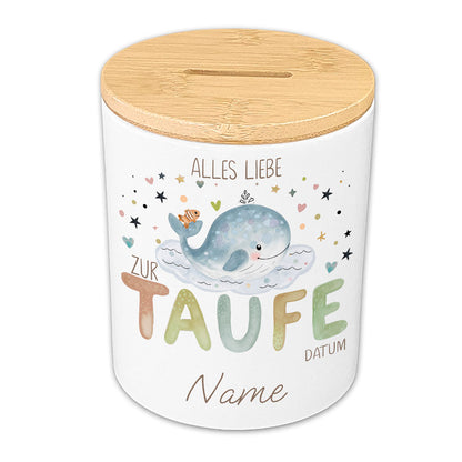 Personalisierte Spardose zur Taufe & Geburt – Keramik mit Bambusdeckel
