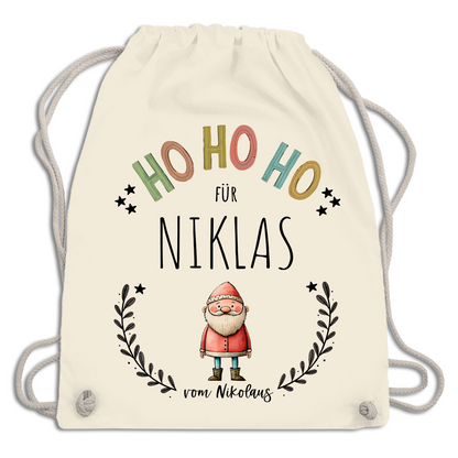 Nahaufnahme des hochwertigen Baumwollstoffs und des Kordelzugs eines personalisierten Geschenksäckchens