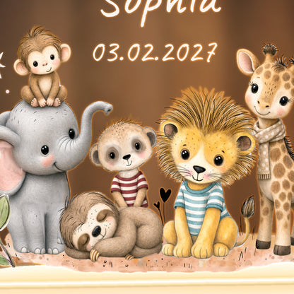 Die vier Nachtlicht-Motive Löwe, Zebra, Elefant und Giraffe im Aquarell-Stil