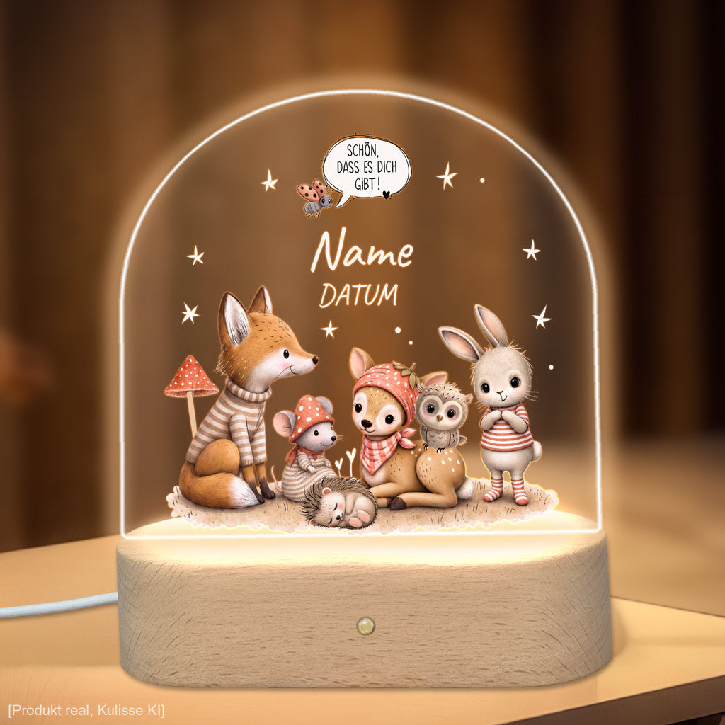 Die fünf Nachtlicht-Motive Waldtier-Freunde, Fuchs, Hase, Reh und Maus im Vergleich