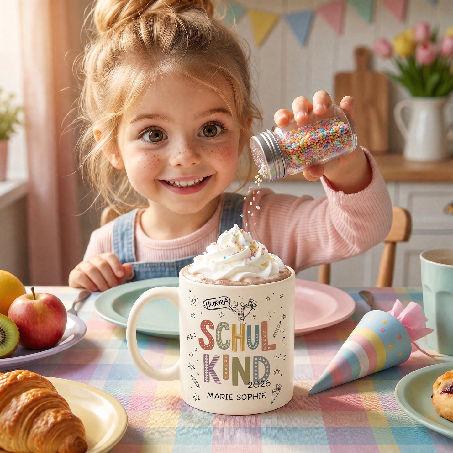 Personalisierte Schulkind Tasse in Pastell Beige mit Name und Hurra Schulkind Motiv
