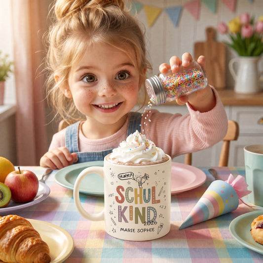 Personalisierte Schulkind Tasse in Pastell Beige mit Name und Hurra Schulkind Motiv